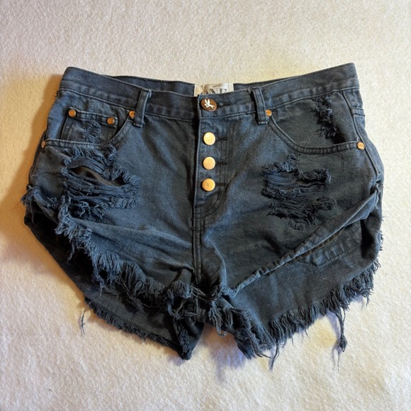 ONE by One Teaspoon Bandits Denim Shorts Distressed Frayed Button Fly Womens 27 - Picture 1 of 10